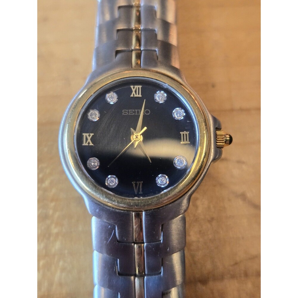 Seiko 18K Gold Capped St. Steel Diamond Black Ladies' Watch. 1N01-H966. New Bat - Picture 10 of 11
